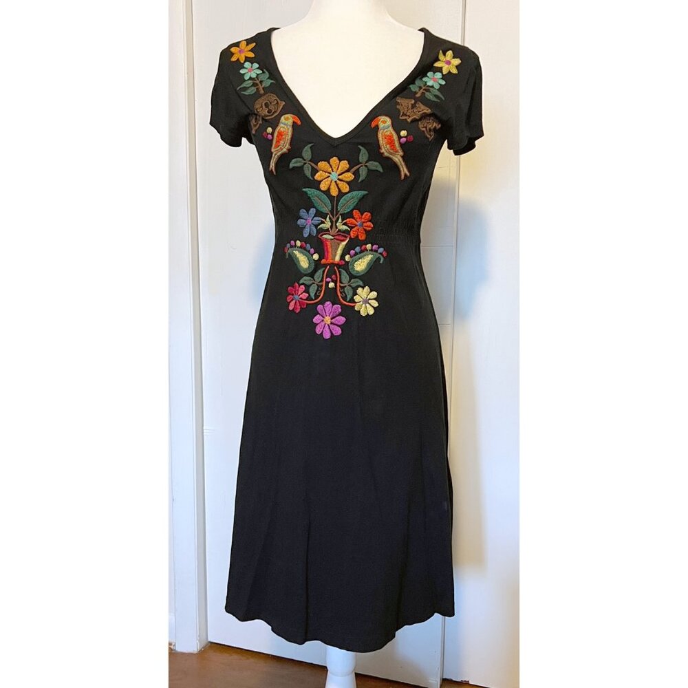 Johnny Was LA JWLA Black Knit Dress with Floral Embroidered LOVE Birds